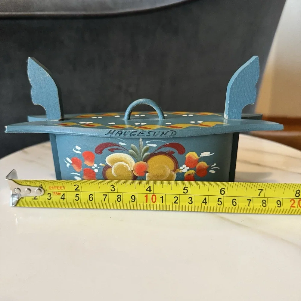 Norweigen Rosemaling Design Bent Wood Box Handpainted Blue Unique Norway 7.25